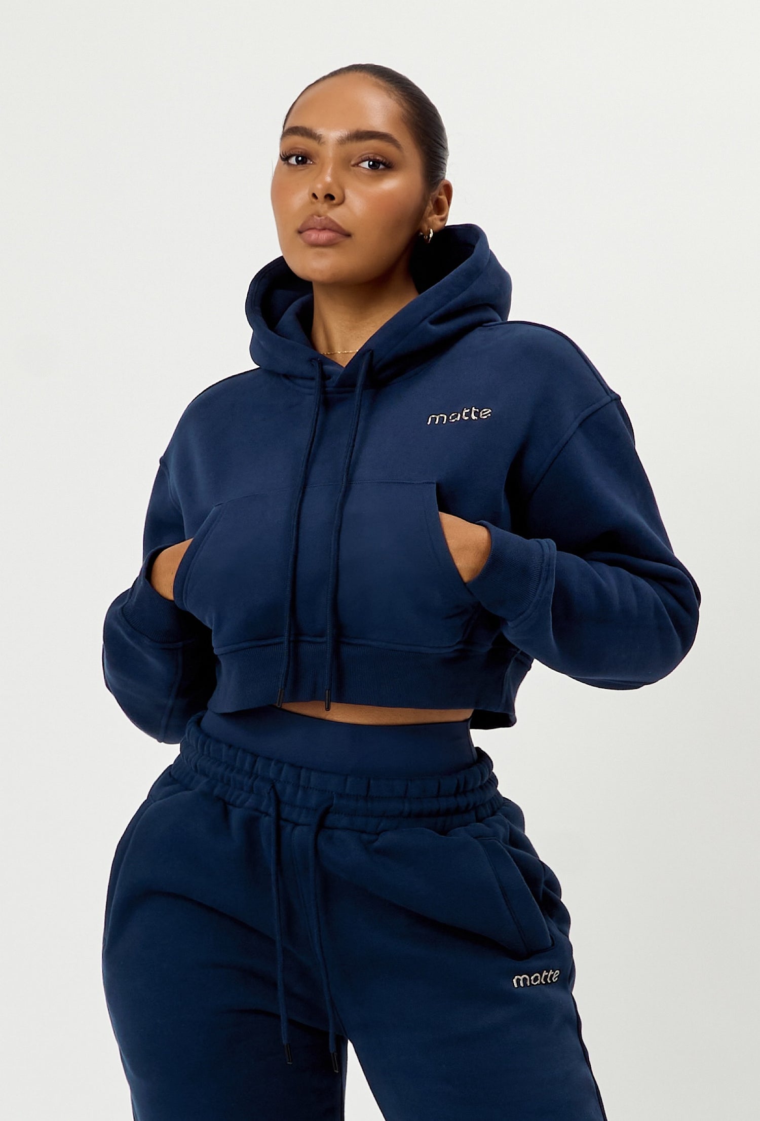 Staple Cropped Pullover Hoodie - Navy
