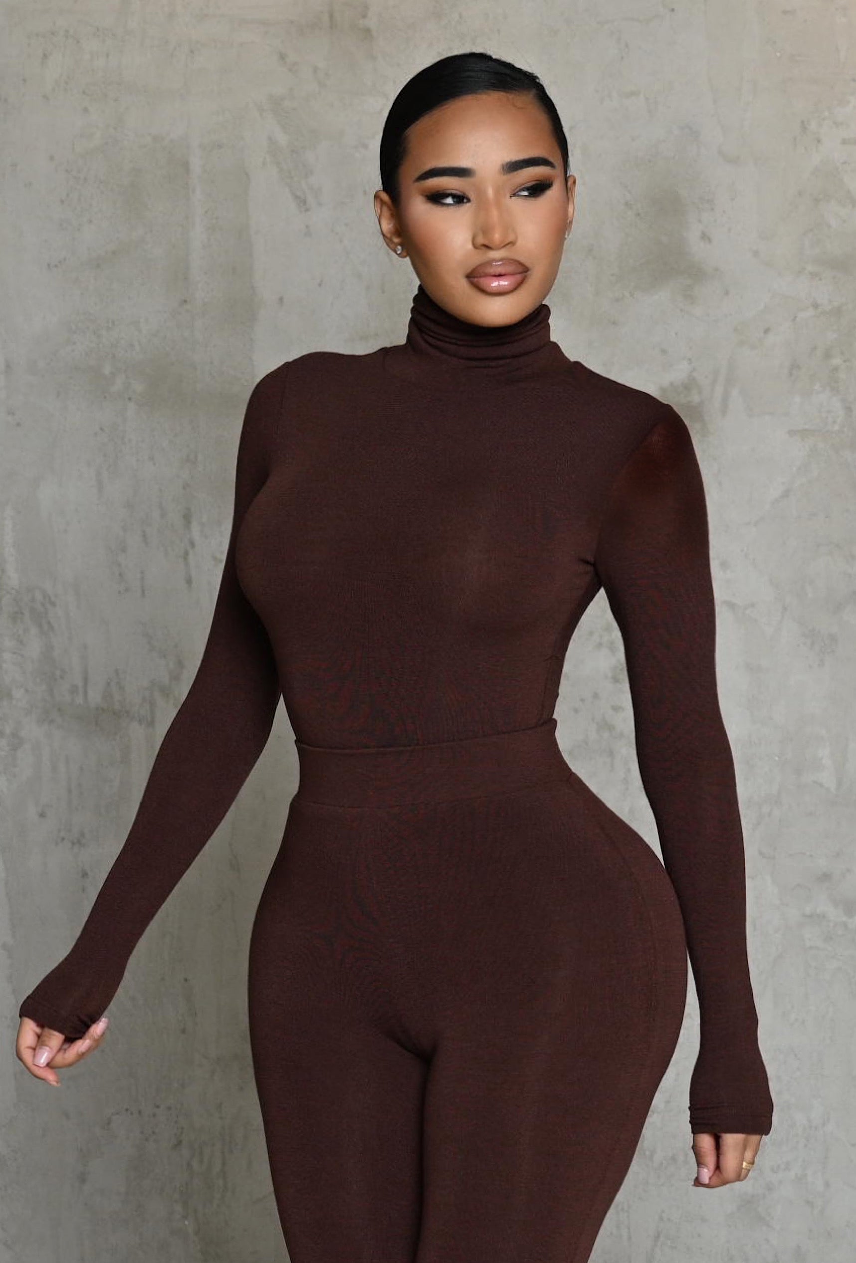 Matte Basix Sculpt Turtle Neck Bodysuit - Chocolate